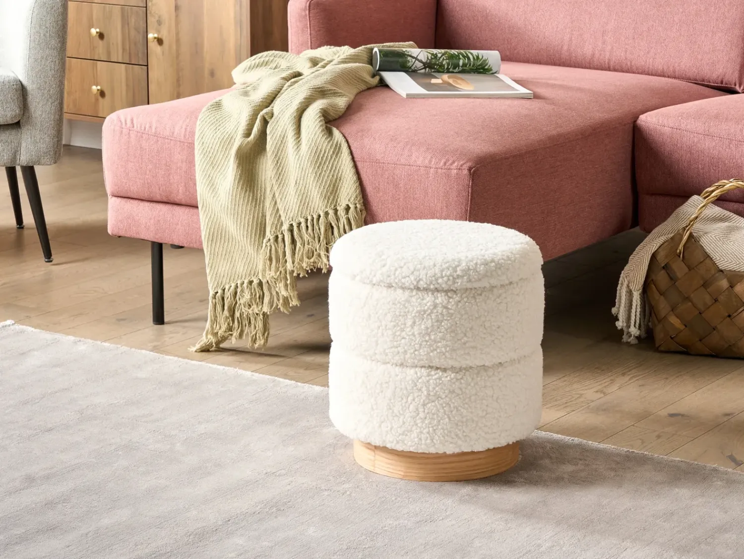 Beliani Pouf contenitore OGDEN Bouclé Bianco Bianco Marrone