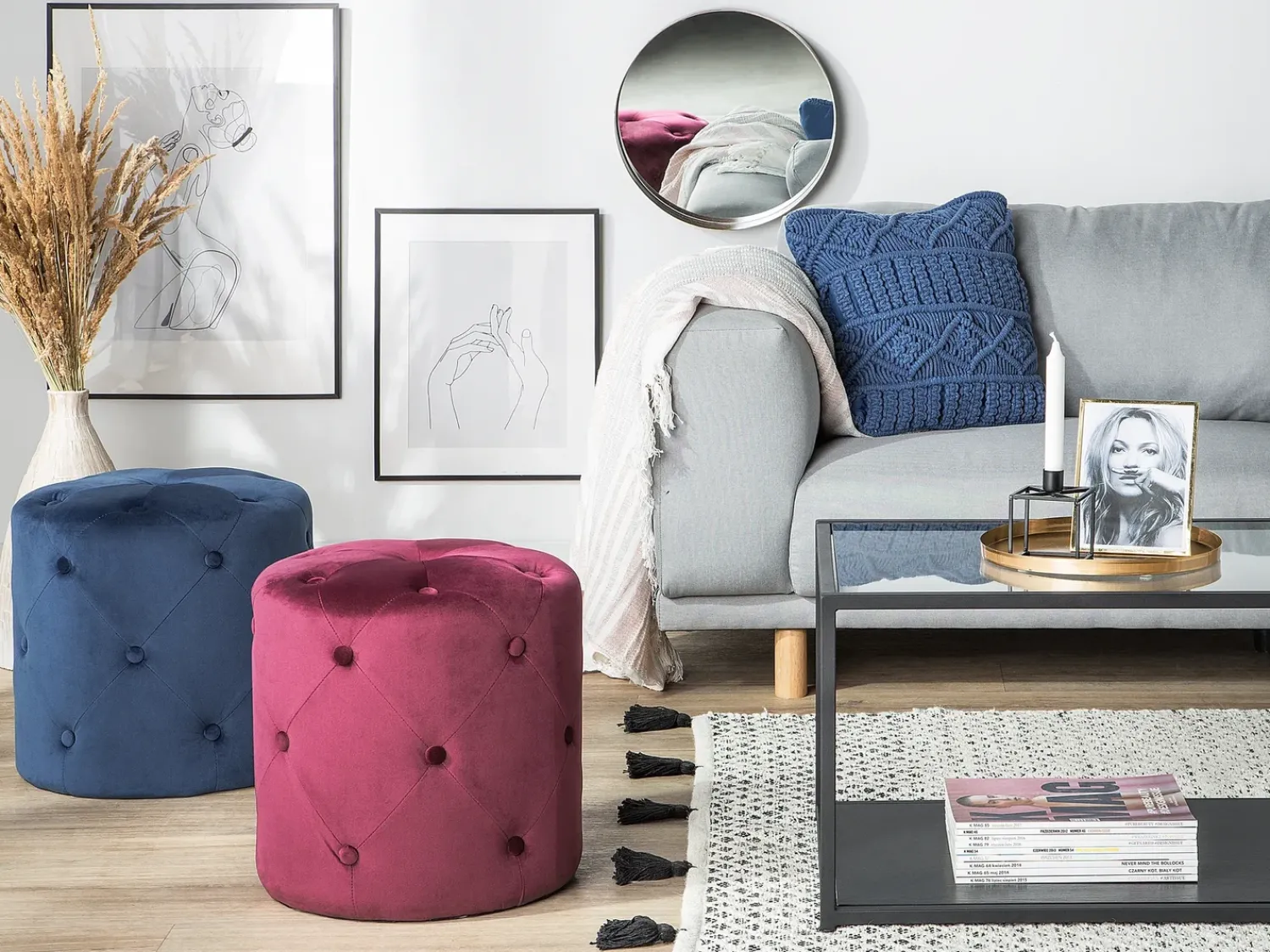 Clearance Beliani Pouf COROLLA Velluto scuro Blu