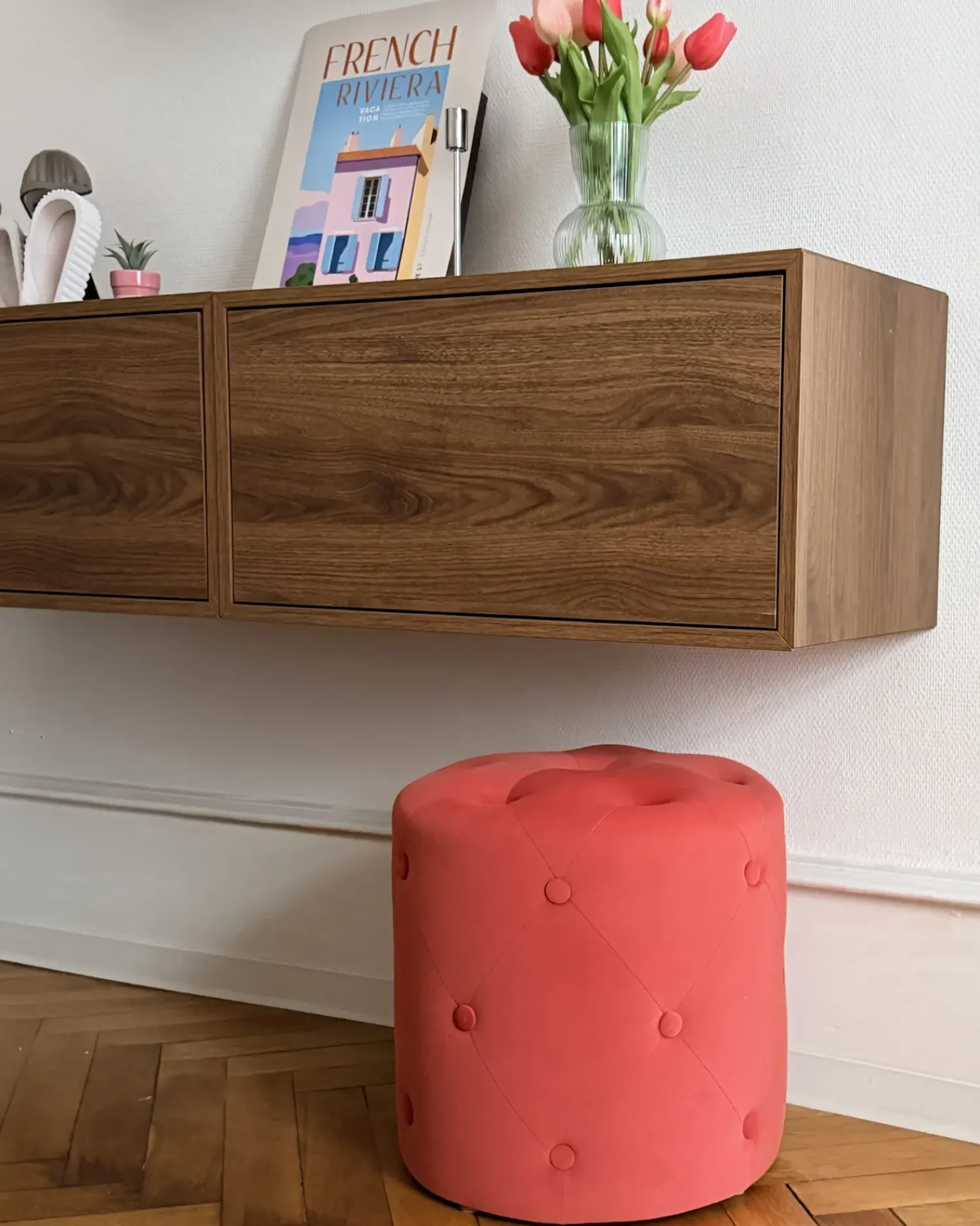Outlet Beliani Pouf COROLLA Velluto Corallo Rosso