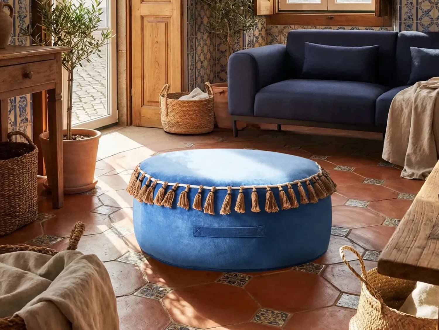 Hot Beliani Pouf GOTHA Velluto Blu Marrone Blu