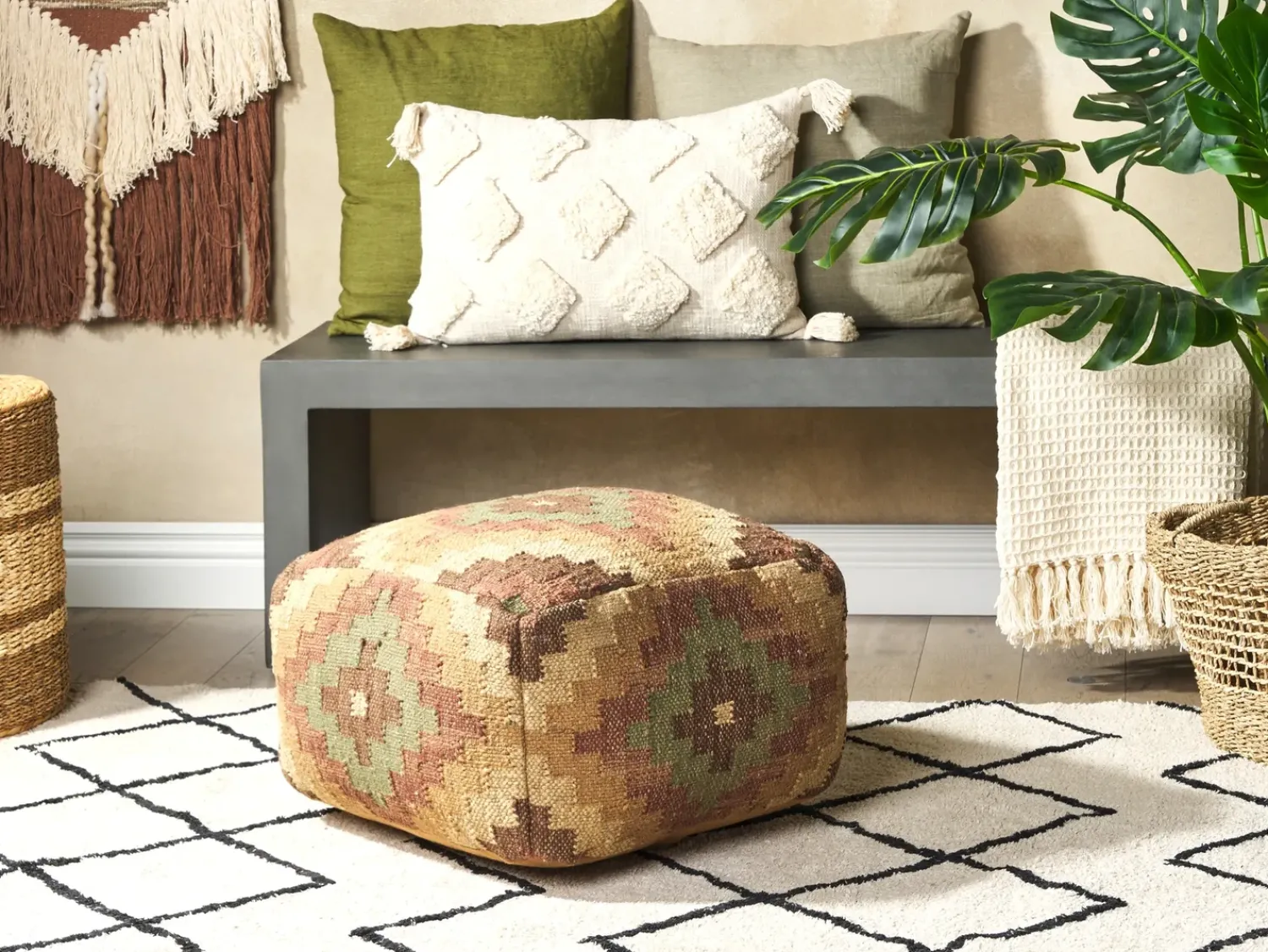 New Beliani Pouf MAGURI Iuta Multicolore Beige Marrone Multicolore Verde