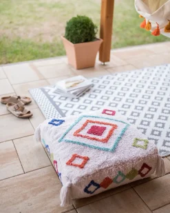 New Beliani Pouf Ricamato SEERANI Cotone Bianco Bianco Multicolore