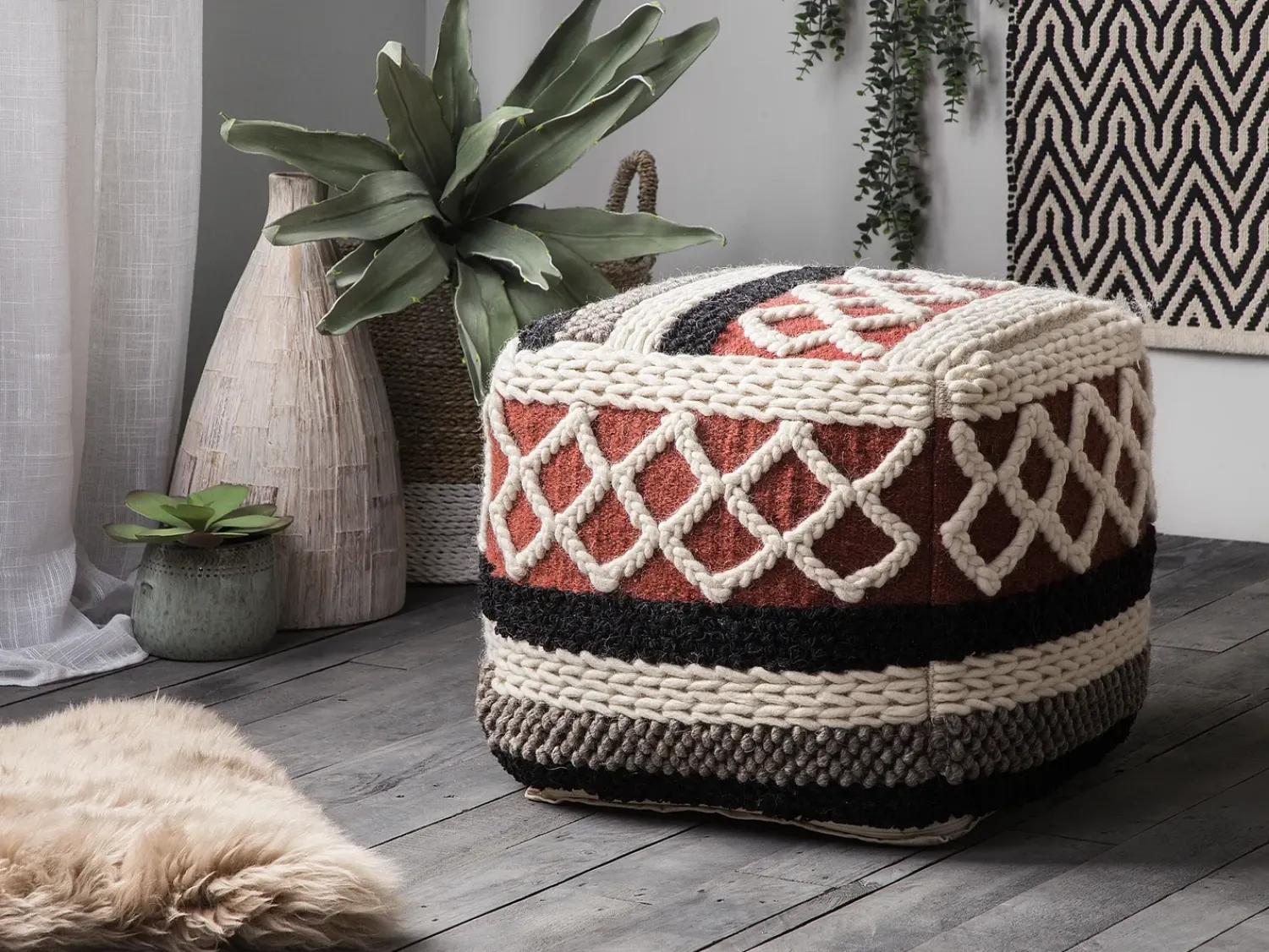 Hot Beliani Pouf SAGAR Cotone Multicolore Beige Marrone Rosso Multicolore