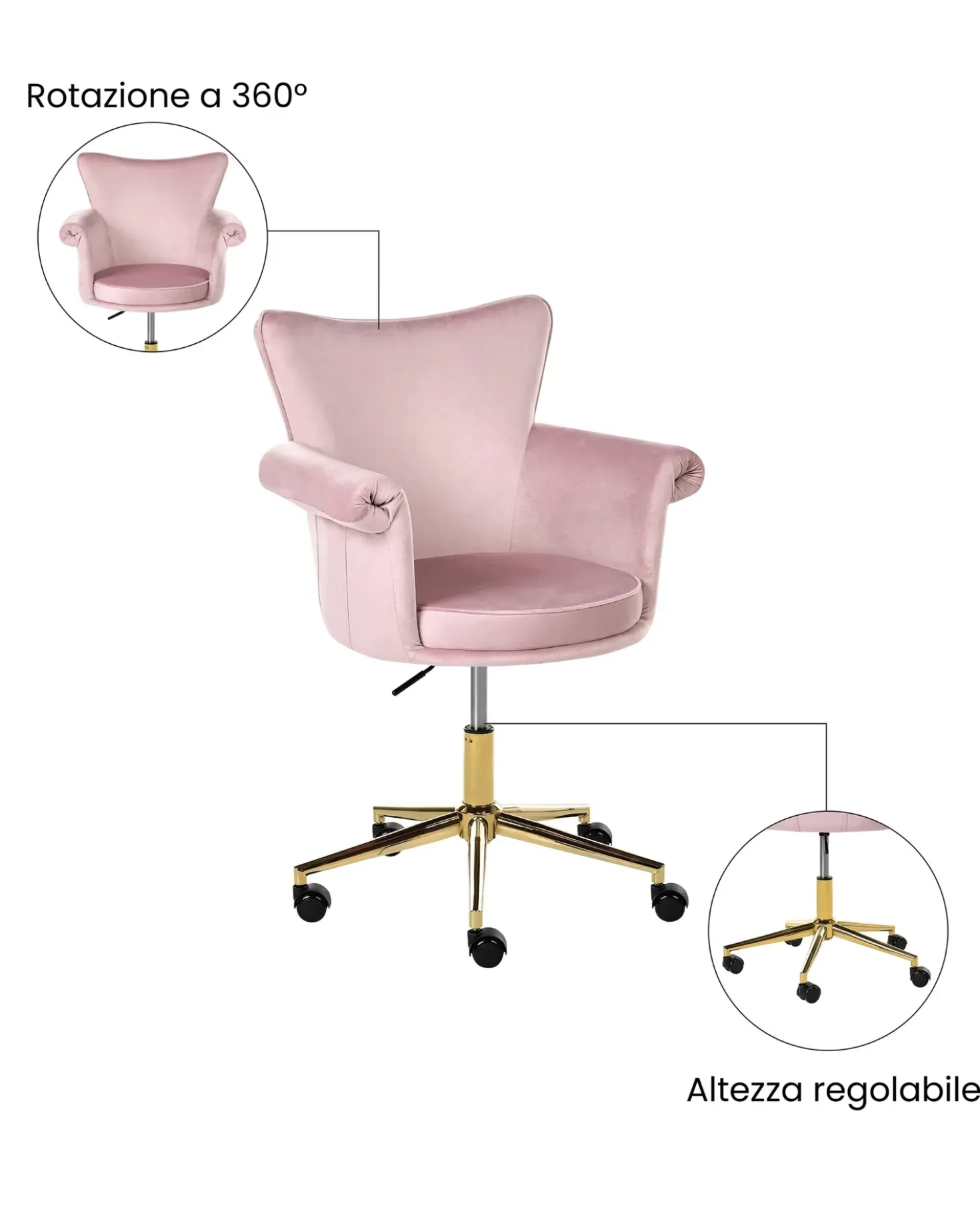 Sedia da scrivania VELENCIA Velluto Rosa pastello