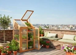 Hot Beliani Serra da balcone VOLVERA Legno di abete Marrone chiaro 49 cm Trasparente Marrone