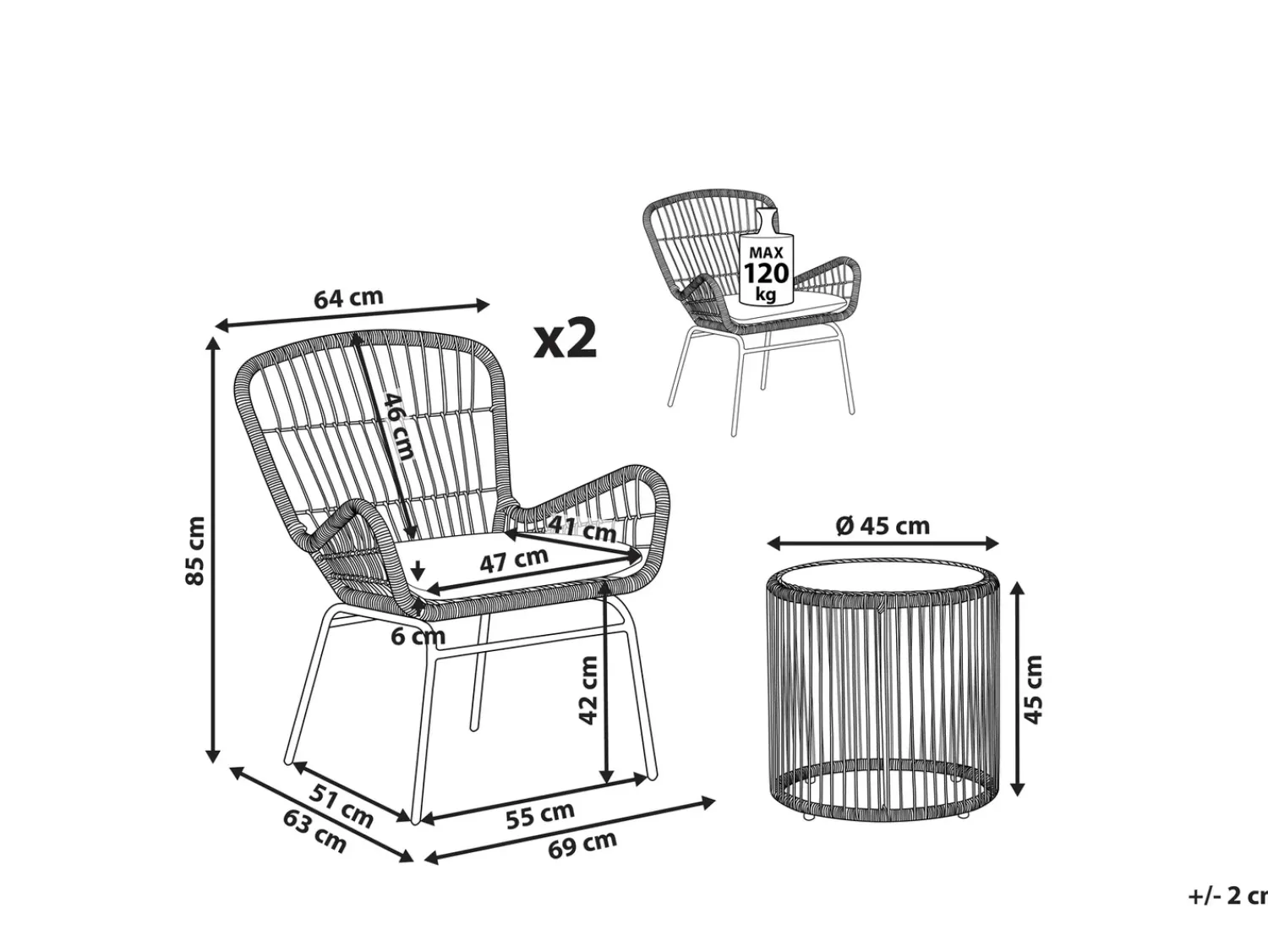 Sale Beliani Set bistrot con cuscini LABICO Rattan sintetico (PE) Marrone chiaro Beige Beige Naturale Nero