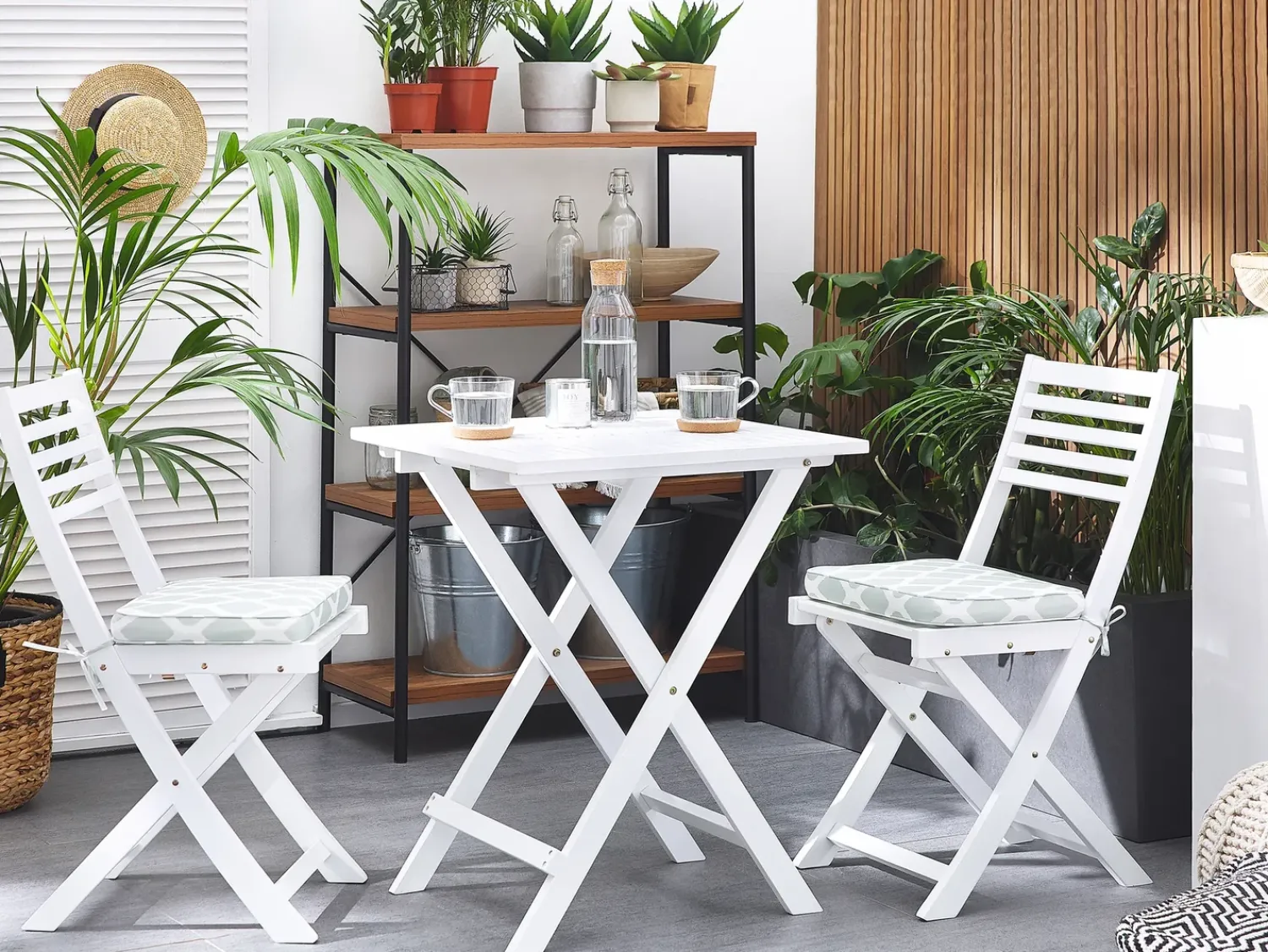 Outlet Beliani Set bistrot con cuscini Pieghevole FIJI Legno d'acacia Bianco Bianco Verde