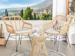 New Beliani Set bistrot con cuscini TRESTINA Rattan sintetico (PE) Marrone chiaro Beige Beige Naturale Nero