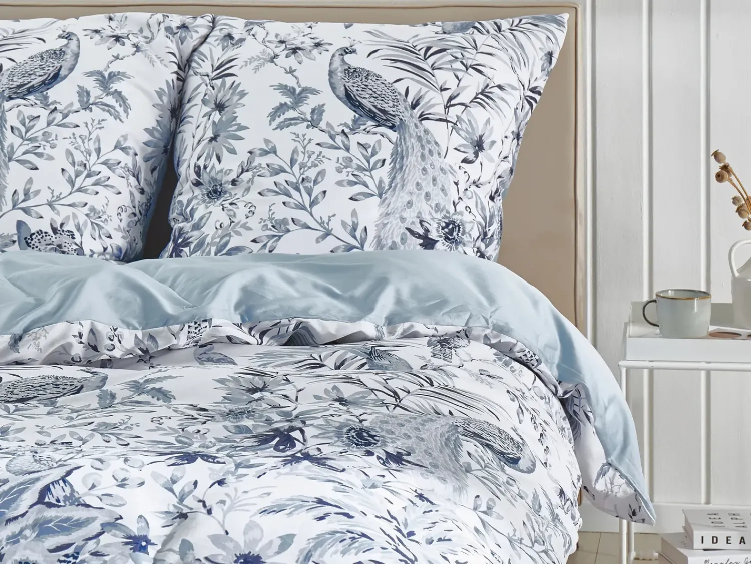 Hot Beliani Set Copripiumino BALLARD Raso di Cotone Blu Bianco Blu Grigio