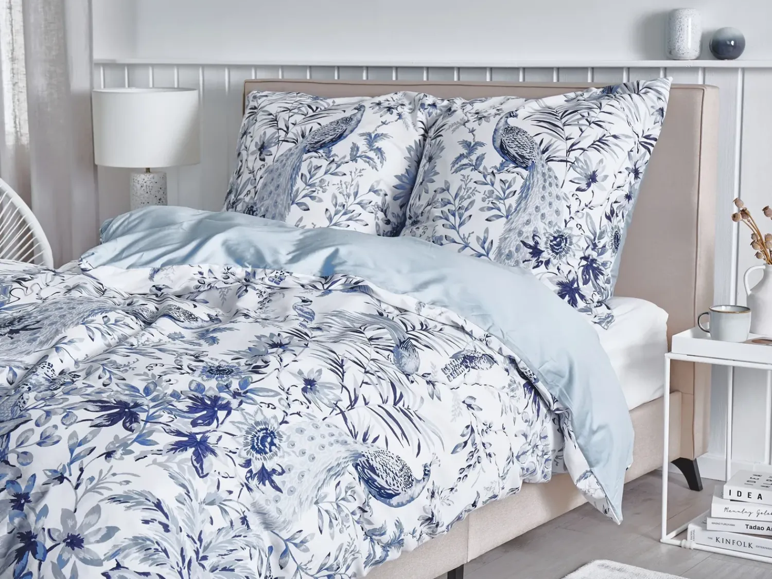 Hot Beliani Set Copripiumino BALLARD Raso di Cotone Blu Bianco Blu Grigio