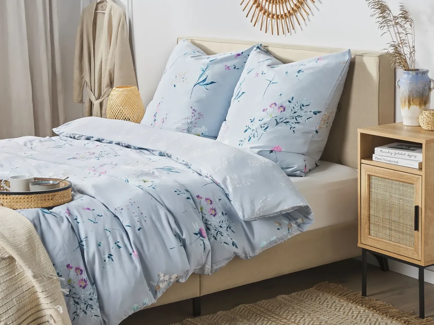 Hot Beliani Set Copripiumino EVERGREEN Raso di Cotone Azzurro Blu