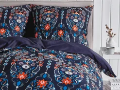 Discount Beliani Set Copripiumino MADRONA Raso di Cotone Blu scuro Arancione Bianco Blu