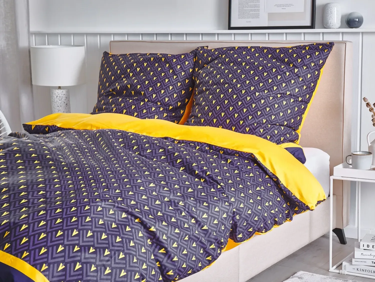 Best Beliani Set Copripiumino WALLINGFORD Raso di Cotone Blu Giallo Blu Viola