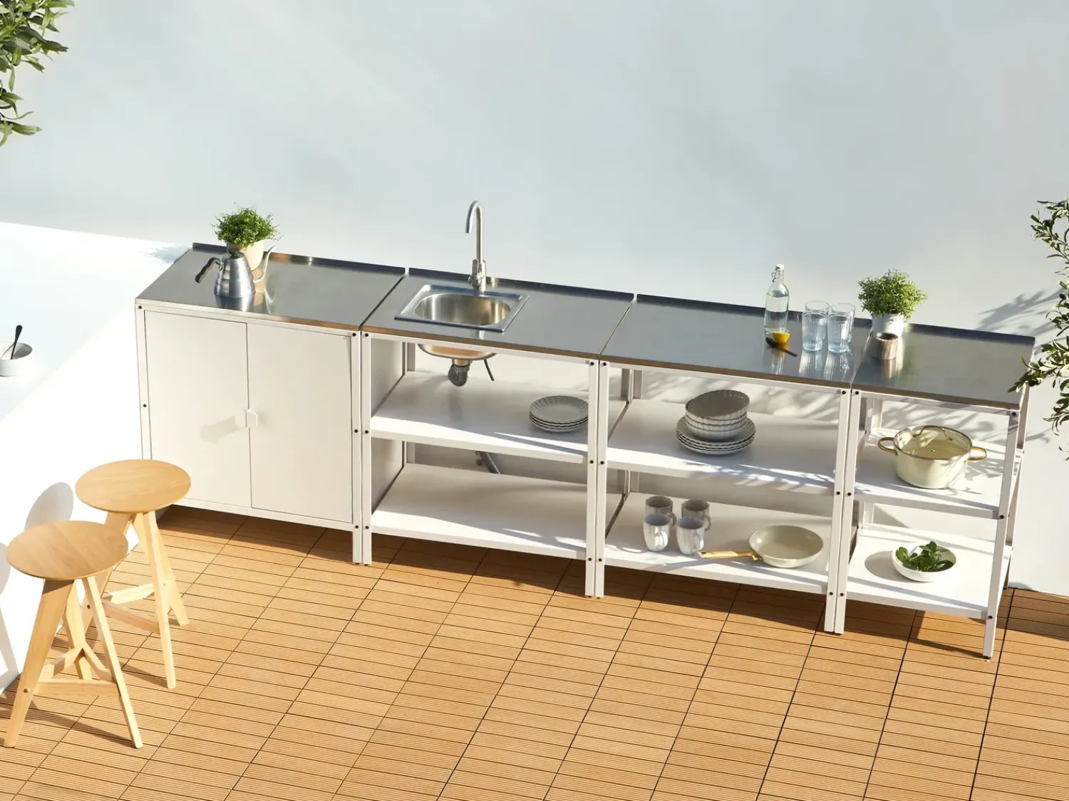Sale Beliani Set cucina da esterno 4 elementi con lavello VILAMA Metallo Bianco Bianco Argento