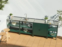 Discount Beliani Set cucina da esterno 4 elementi con lavello VILAMA Metallo Verde Verde Argento