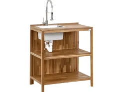 Discount Beliani Set cucina da esterno 3 elementi con lavello VENOSA Legno d'acacia Marrone/Argento Marrone Argento