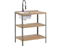 Hot Beliani Set cucina da esterno 3 elementi con lavello IVREA Legno di acacia certificato Marrone/Nero Marrone Grigio Nero