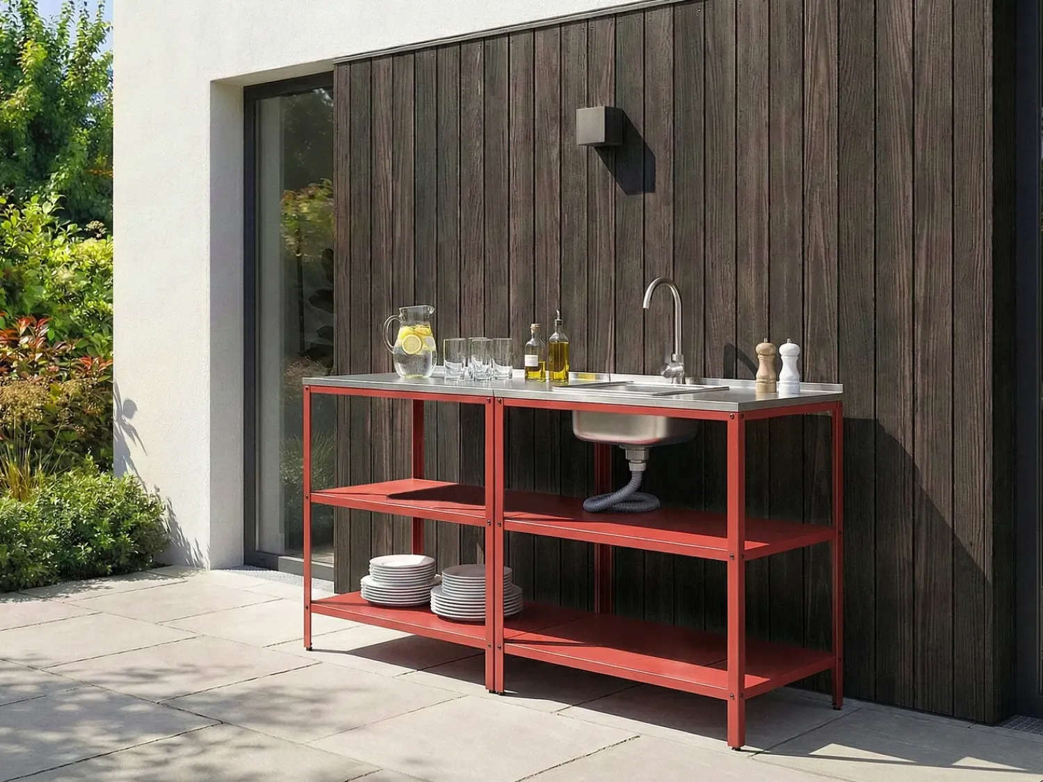 Outlet Beliani Set cucina da esterno elementi con lavello VILAMA Metallo Rosso Argento Rosso