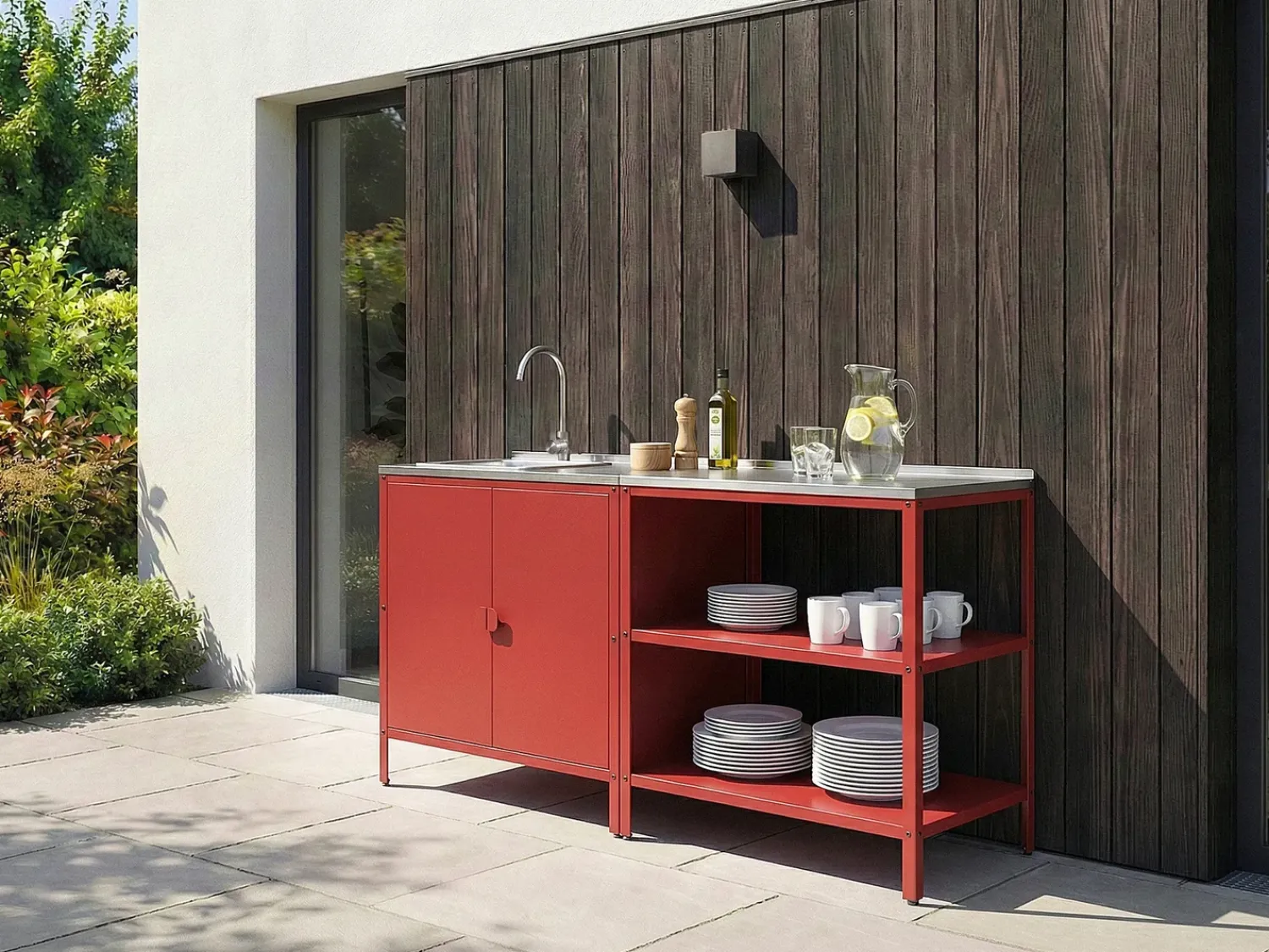 Best Beliani Set cucina da esterno 2 elementi con lavello VILAMA Metallo Rosso Argento Rosso
