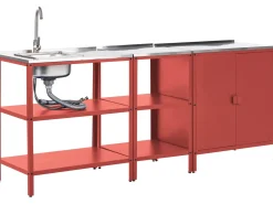 Discount Beliani Set cucina da esterno 3 elementi con lavello VILAMA Metallo Rosso Argento Rosso