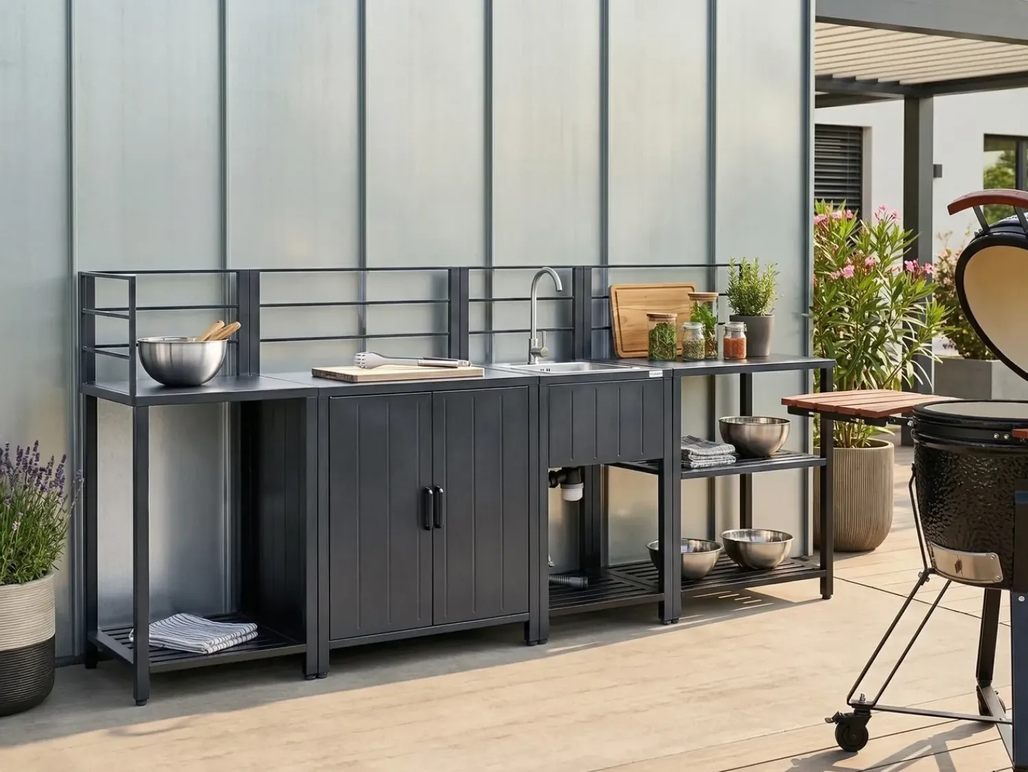 Hot Beliani Set cucina da esterno 4 elementi con lavello VIGGIANO Metallo Grigio grafite Argento Grigio Nero