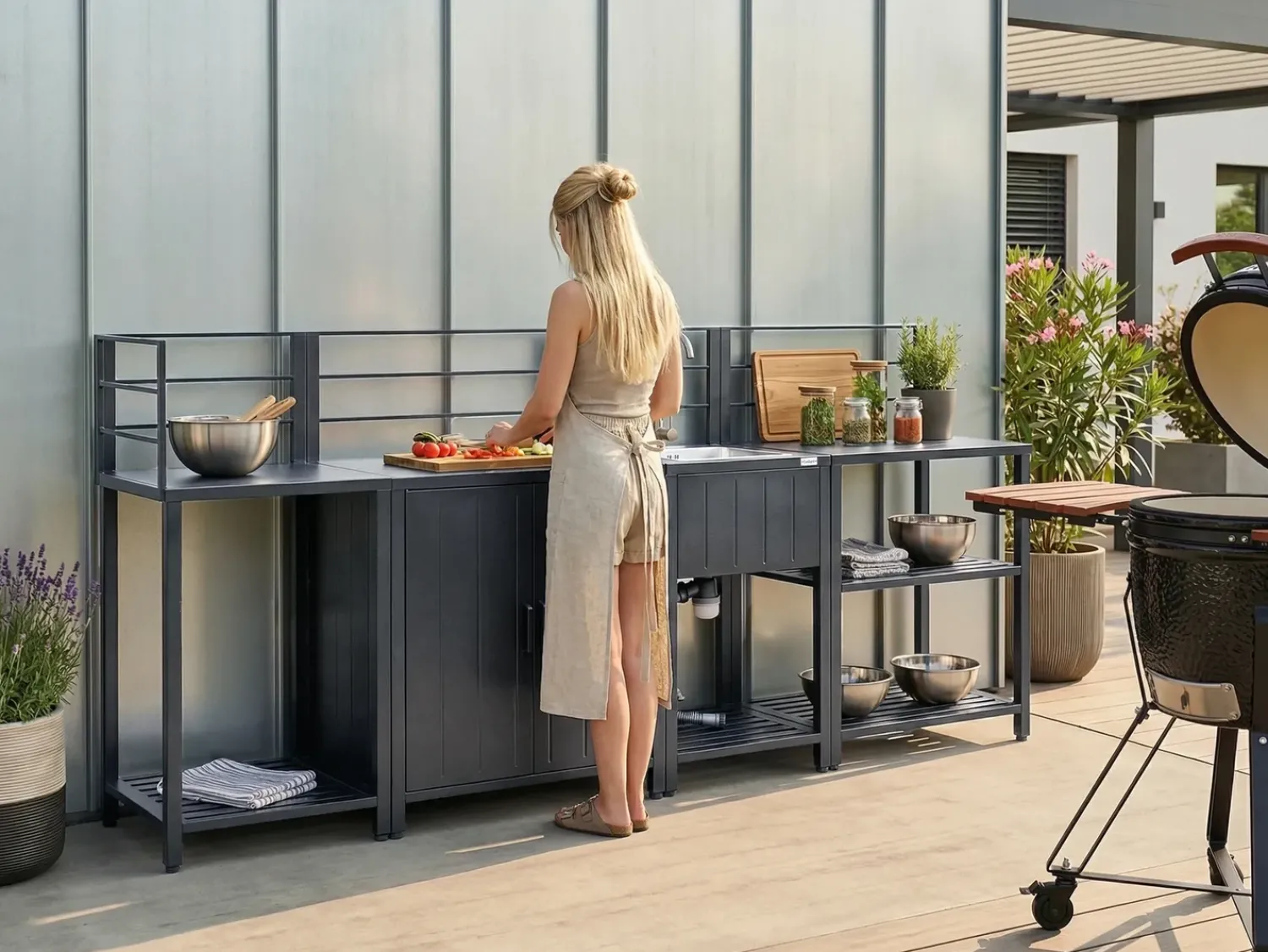Hot Beliani Set cucina da esterno 4 elementi con lavello VIGGIANO Metallo Grigio grafite Argento Grigio Nero