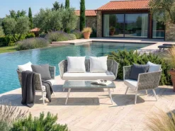 Discount Beliani Set da giardino con tavolo 4 posti RAGUSA Rattan sintetico (PE) Bianco sporco Bianco Grigio