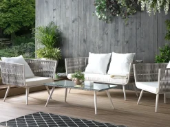 Discount Beliani Set da giardino con tavolo 4 posti RAGUSA Rattan sintetico (PE) Bianco sporco Bianco Grigio