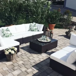 Clearance Beliani Set da giardino con tavolo 8 posti XXL Lato destro Modulare Rattan sintetico (PE) Marrone scuro Bianco Marrone