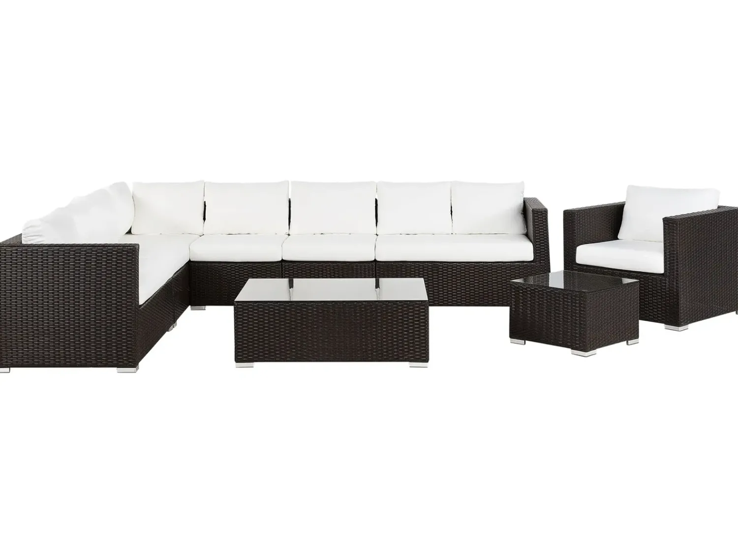 Clearance Beliani Set da giardino con tavolo 8 posti XXL Lato destro Modulare Rattan sintetico (PE) Marrone scuro Bianco Marrone