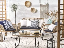 Outlet Beliani Set da giardino con tavolo 4 posti MINORI Rattan sintetico (PE) Beige Beige Naturale Nero