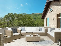 Hot Beliani Set da giardino con tavolo 8 posti MAESTRO Modulare Rattan sintetico (PE) Marrone chiaro Bianco Marrone