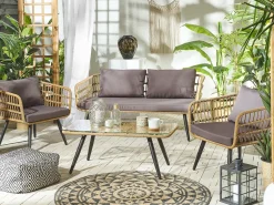 Outlet Beliani Set da giardino con tavolo 4 posti FOBELLO Rattan sintetico (PE) Beige Beige Marrone Naturale Nero