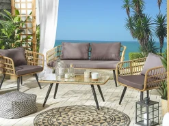 Outlet Beliani Set da giardino con tavolo 4 posti FOBELLO Rattan sintetico (PE) Beige Beige Marrone Naturale Nero