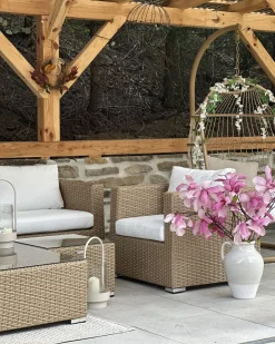 Outlet Beliani Set da giardino con tavolo 8 posti XXL Lato destro Modulare Rattan sintetico (PE) Beige sabbia Bianco Beige