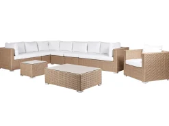 Outlet Beliani Set da giardino con tavolo 8 posti XXL Lato destro Modulare Rattan sintetico (PE) Beige sabbia Bianco Beige
