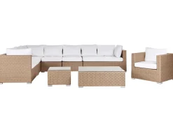 Outlet Beliani Set da giardino con tavolo 8 posti XXL Lato destro Modulare Rattan sintetico (PE) Beige sabbia Bianco Beige