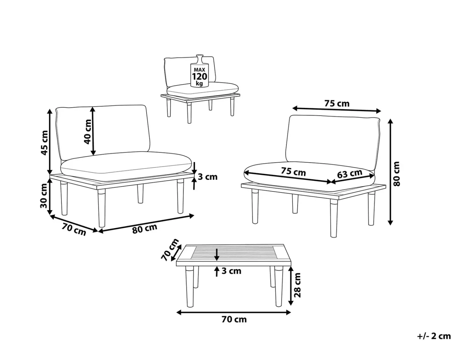Clearance Beliani Set da giardino con tavolo 2 posti FRASCATI Modulare Legno di acacia certificato Bianco sporco Bianco Marrone