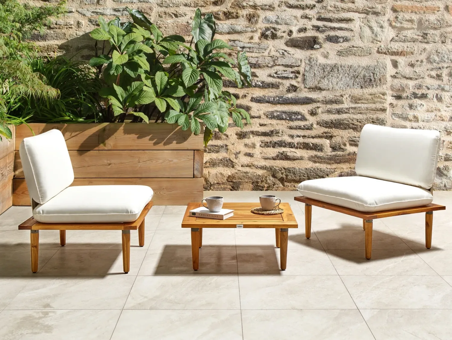 Clearance Beliani Set da giardino con tavolo 2 posti FRASCATI Modulare Legno di acacia certificato Bianco sporco Bianco Marrone