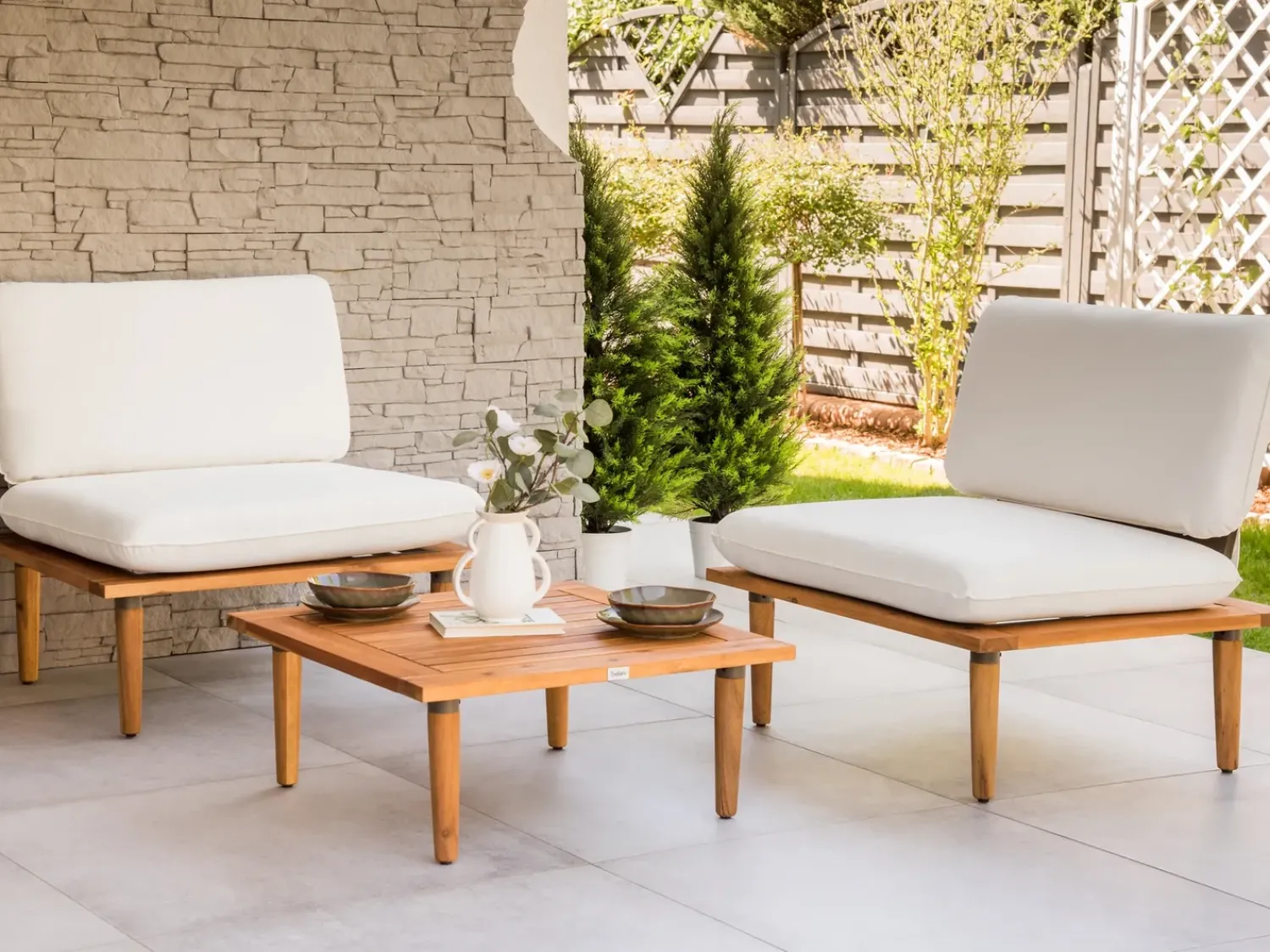 Clearance Beliani Set da giardino con tavolo 2 posti FRASCATI Modulare Legno di acacia certificato Bianco sporco Bianco Marrone