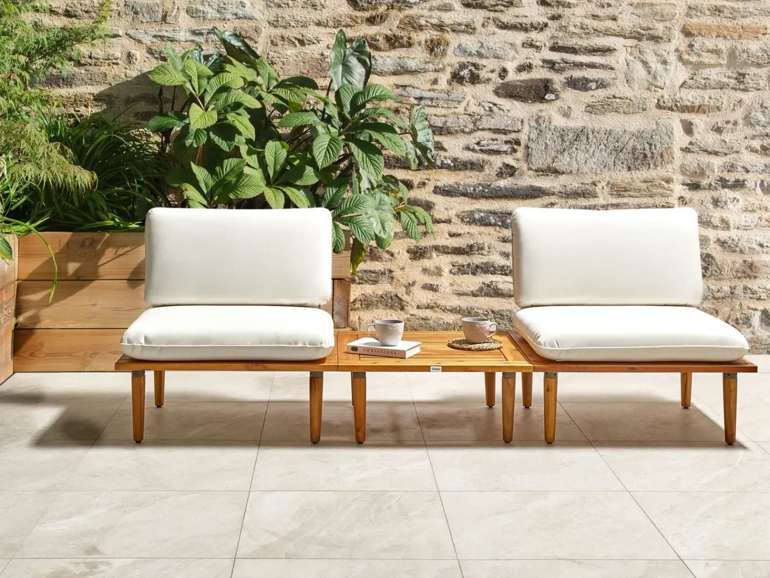 Clearance Beliani Set da giardino con tavolo 2 posti FRASCATI Modulare Legno di acacia certificato Bianco sporco Bianco Marrone