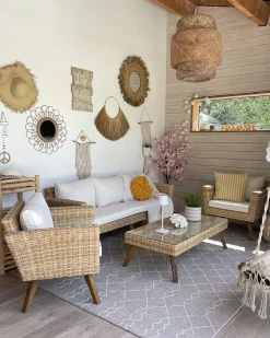 Hot Beliani Set da giardino con tavolo 5 posti VITTORIA XL Rattan sintetico (PE) Bianco sporco Bianco Beige Marrone