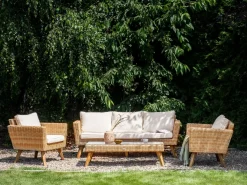 Hot Beliani Set da giardino con tavolo 5 posti VITTORIA XL Rattan sintetico (PE) Bianco sporco Bianco Beige Marrone
