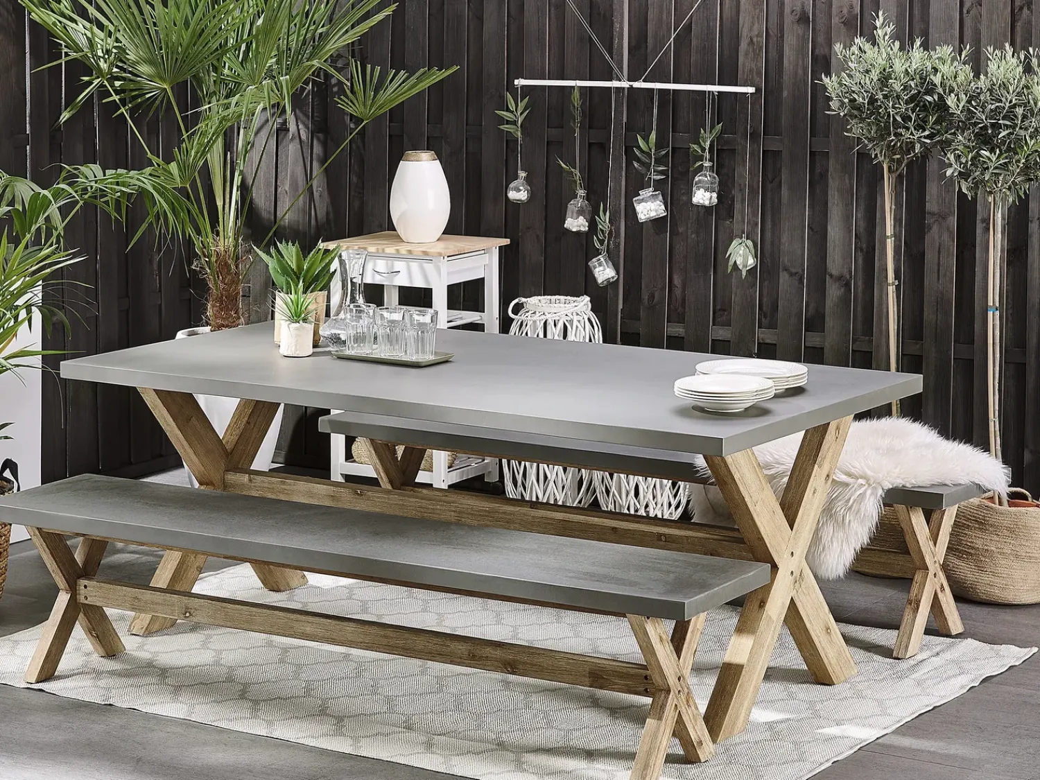 Hot Beliani Set da pranzo da giardino con panche 6 posti OLBIA Cemento Grigio Marrone Grigio