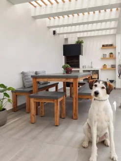 Outlet Beliani Set da pranzo da giardino con panche e sgabelli 8 posti OSTUNI Cemento Grigio Marrone Grigio