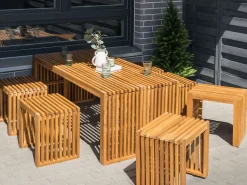 Beliani Set da pranzo da giardino con panche e sgabelli 6 posti BELLANO Legno d'acacia Marrone