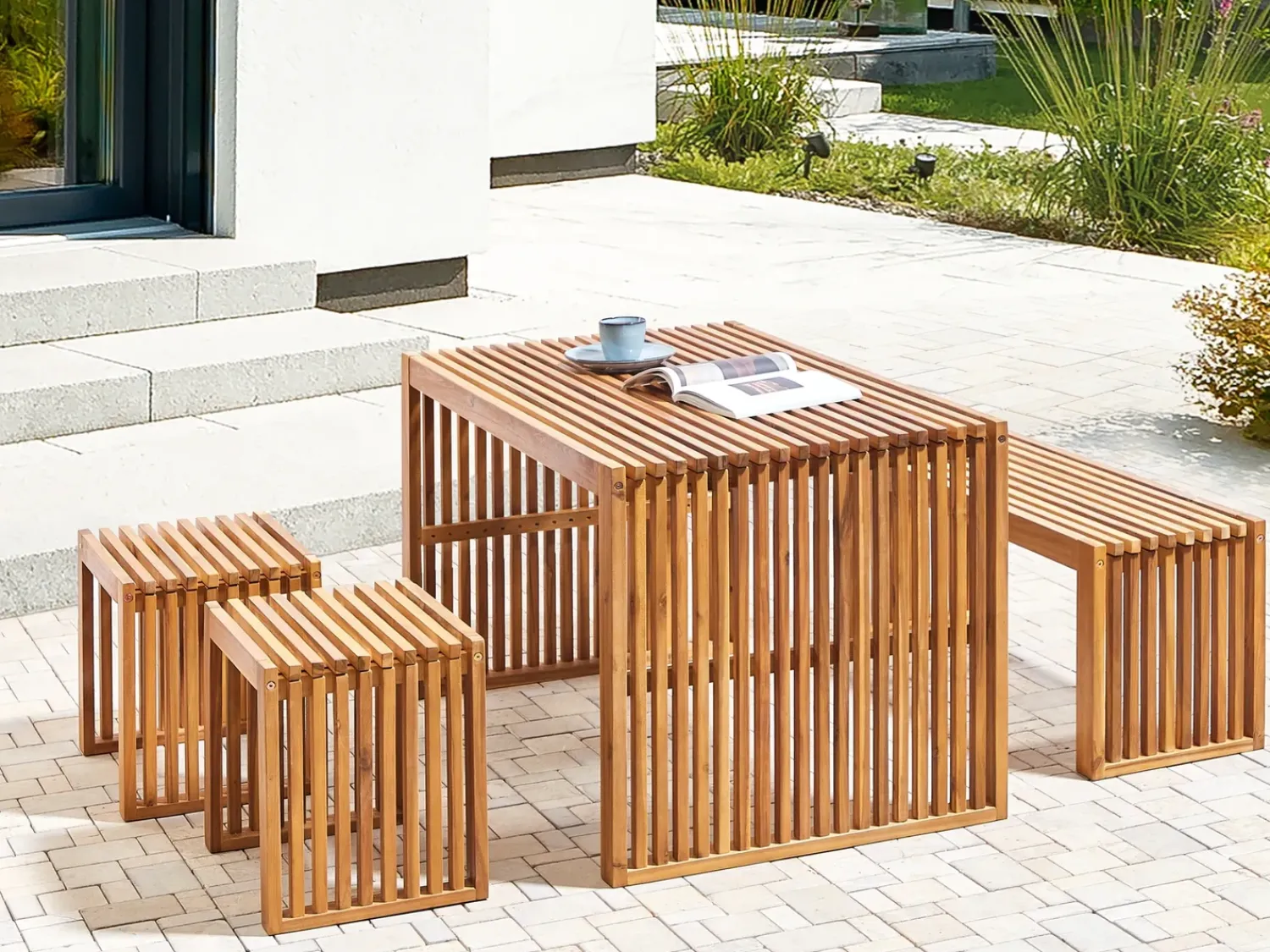 Best Beliani Set da pranzo da giardino con panche e sgabelli 4 posti BELLANO Legno d'acacia Marrone