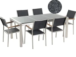 Clearance Beliani Set da pranzo da giardino 6 posti GROSSETO Piastra tripla Granito Lucido Nero/Grigio Argento Grigio Nero