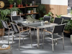 Clearance Beliani Set da pranzo da giardino 6 posti GROSSETO Piastra tripla Granito Lucido Nero/Grigio Argento Grigio Nero
