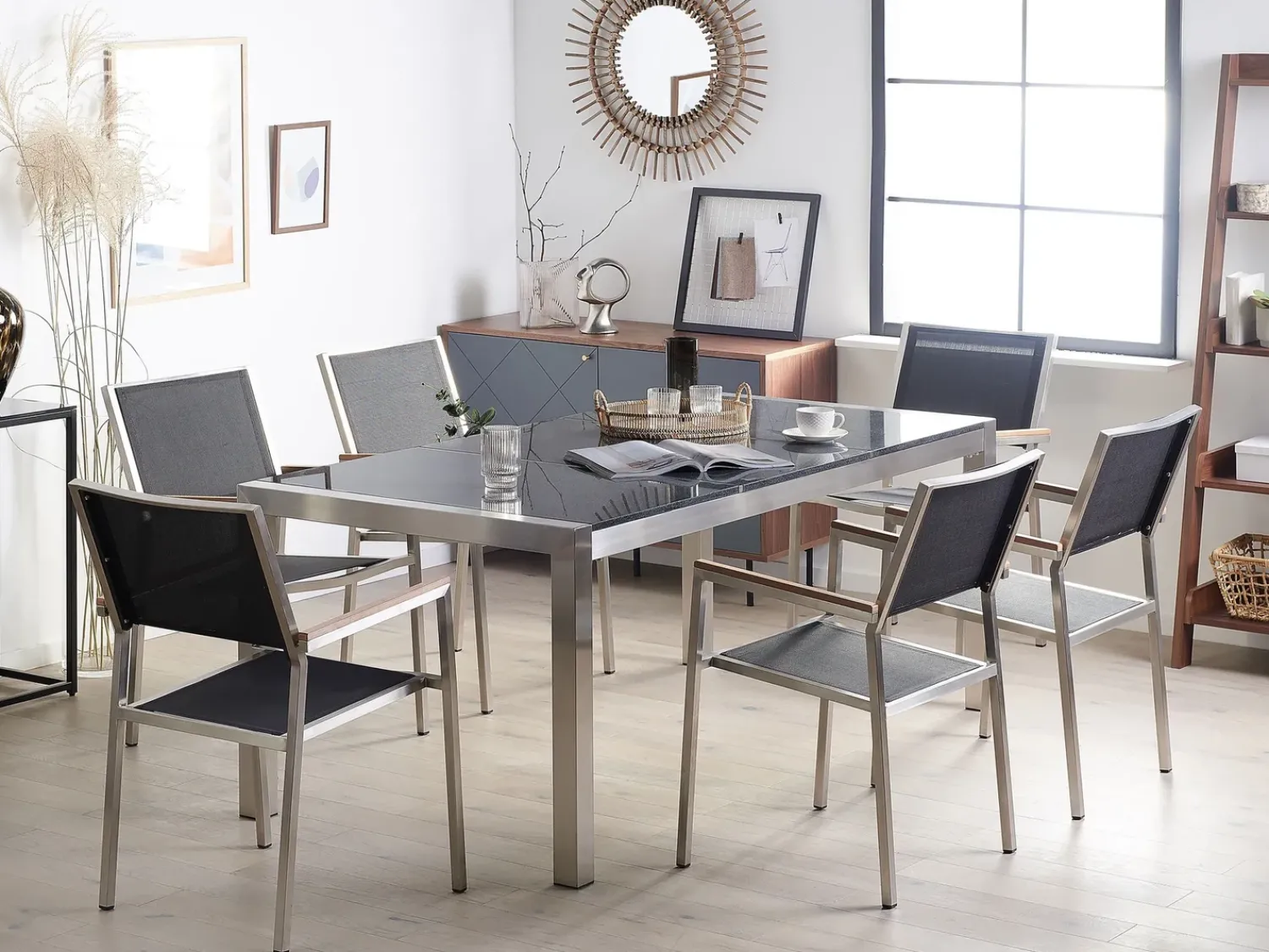 Clearance Beliani Set da pranzo da giardino 6 posti GROSSETO Piastra tripla Granito Lucido Nero/Grigio Argento Grigio Nero